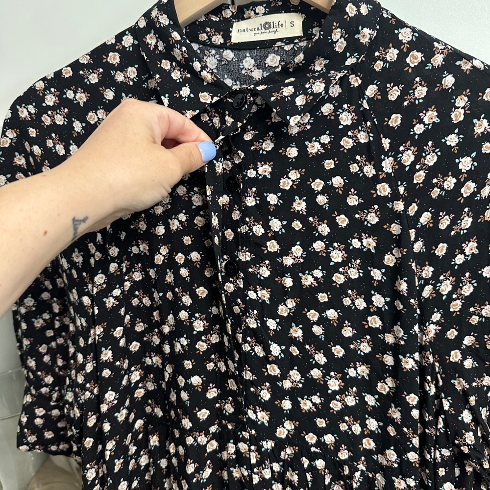 Natural Life Rebecca Midi Dress Womens S Black Ditsy Floral Tiered Button Front - Picture 8 of 16